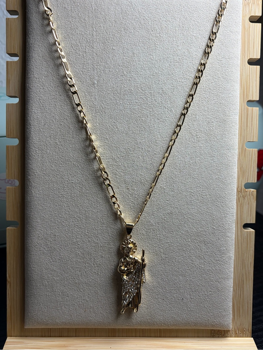 Gold-Tone Saint Pendant Necklace with Crystal Accents